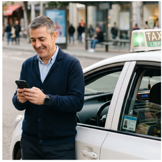 señor mirando el móvil apoyado en un taxi